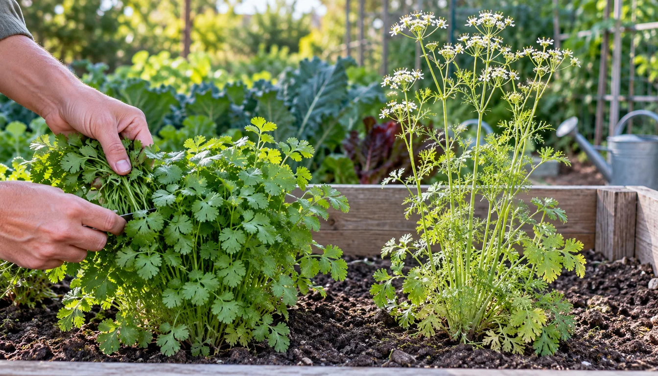 A compact leafy cilantro plant being harvested beside a tall cilantro plant in white flower