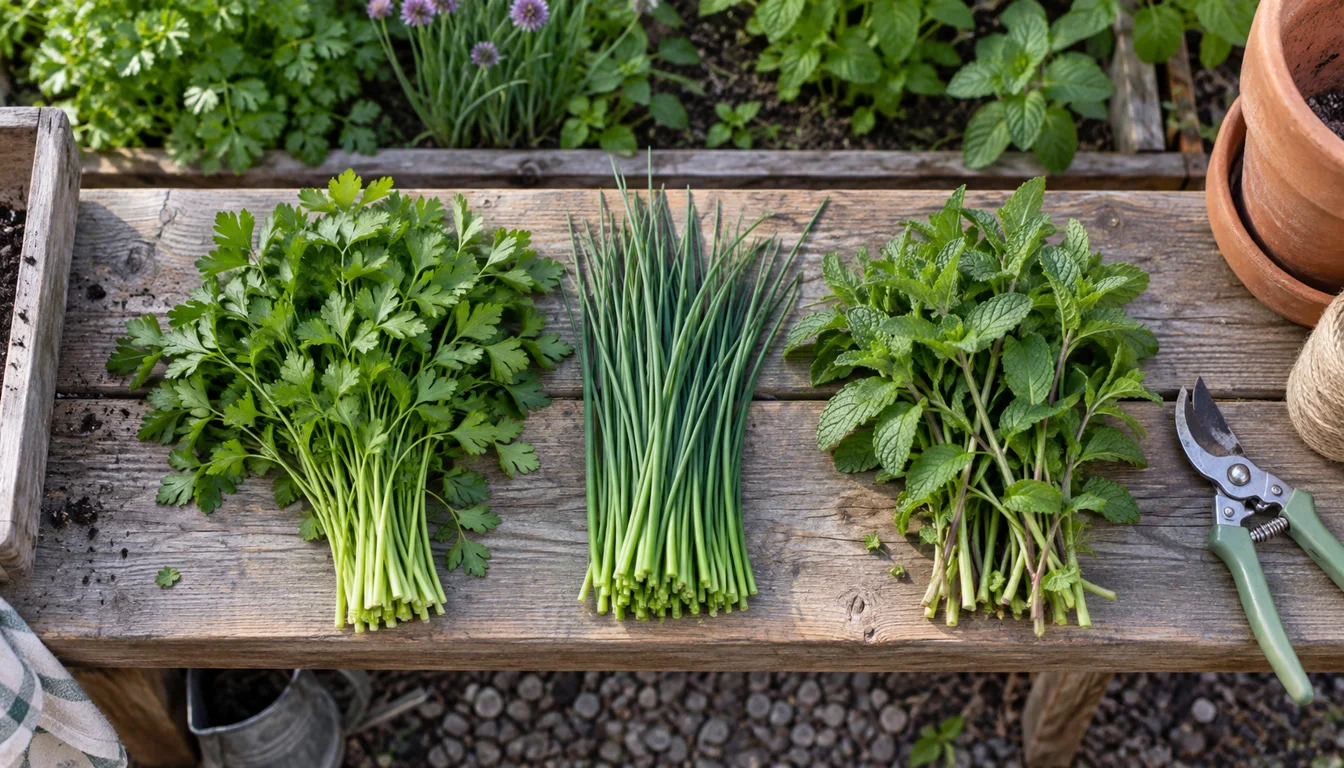 Separate bundles of parsley stems, chive blades, and mint stems laid on a potting bench after harvest