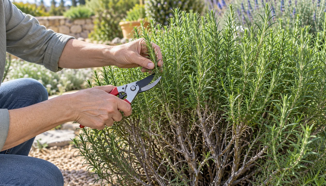 A gardener positioning bypass pruners on the leafy green tip of rosemary above its bare woody framework