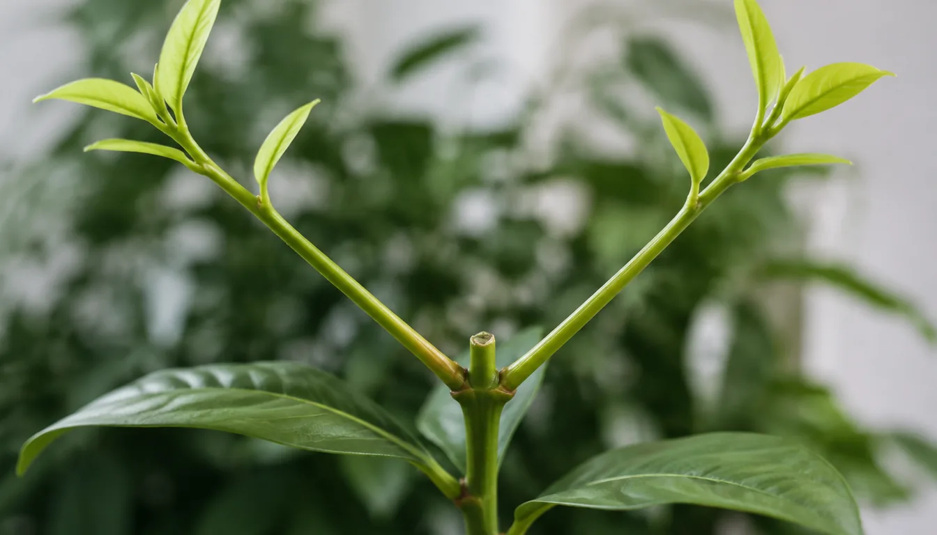 A houseplant stem whose growing tip has been pinched out, leaving a small blunt end, with two fresh pale green side shoots already several inches long breaking from the joints just below it