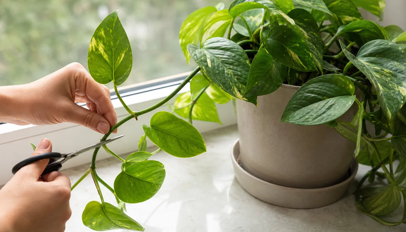 hand cutting a trailing pothos vine just above a leaf node indoors to force bushier growth