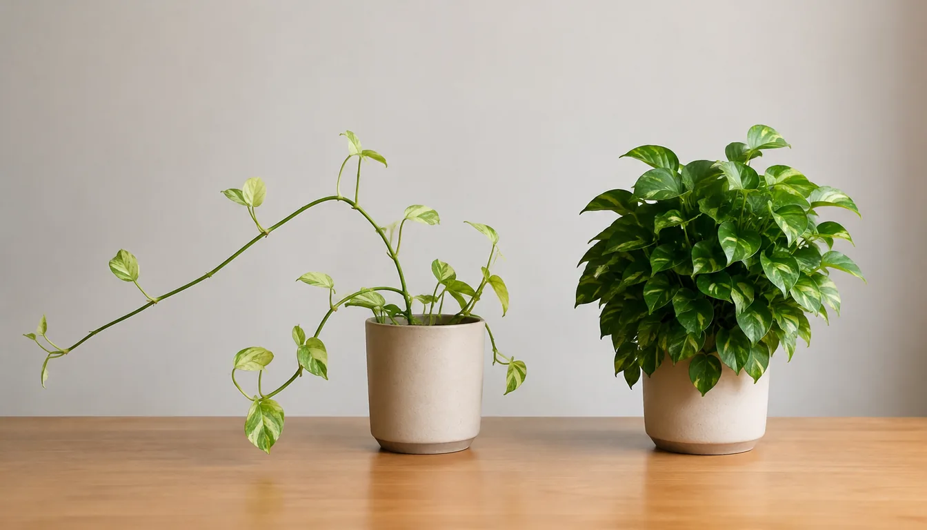 Two pothos plants of the same kind on a plain table, the left with long bare stretched stems and wide gaps between pale leaves, the right compact and dense with tightly spaced deep green foliage