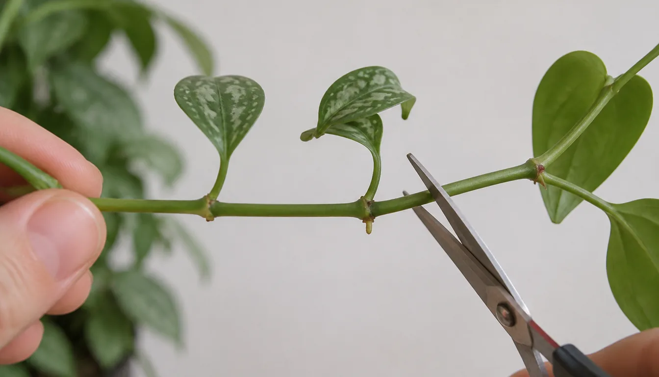 A trailing houseplant vine held out horizontally with the swollen joints where each leaf stalk meets the stem clearly visible, one carrying a small root nub, and small scissors poised to cut just beyond a joint