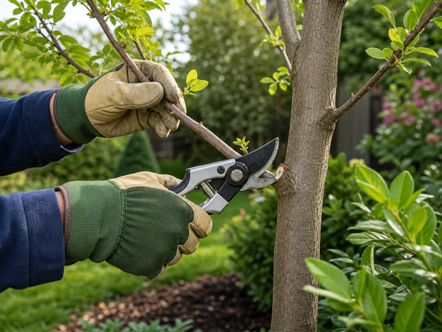 A bare deciduous shrub being pruned in late winter with its branch framework clearly visible