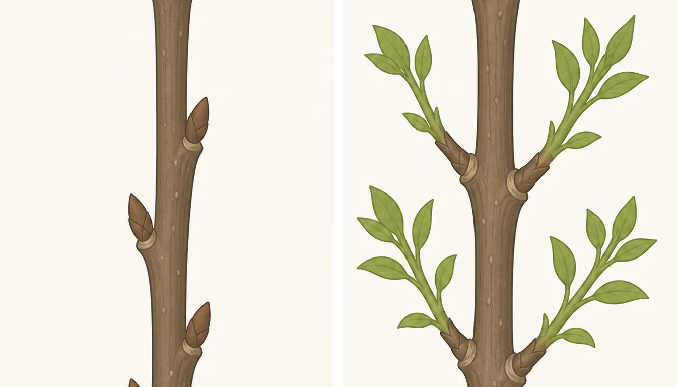 Illustration of a branch with an intact shoot tip and closed dormant buds below it, beside the same branch cut at the tip with those buds broken into several leafy side shoots