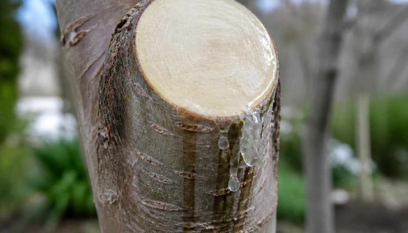 Clear sap running from the pale clean cut face of a freshly pruned maple branch in early spring and dripping down the bark below