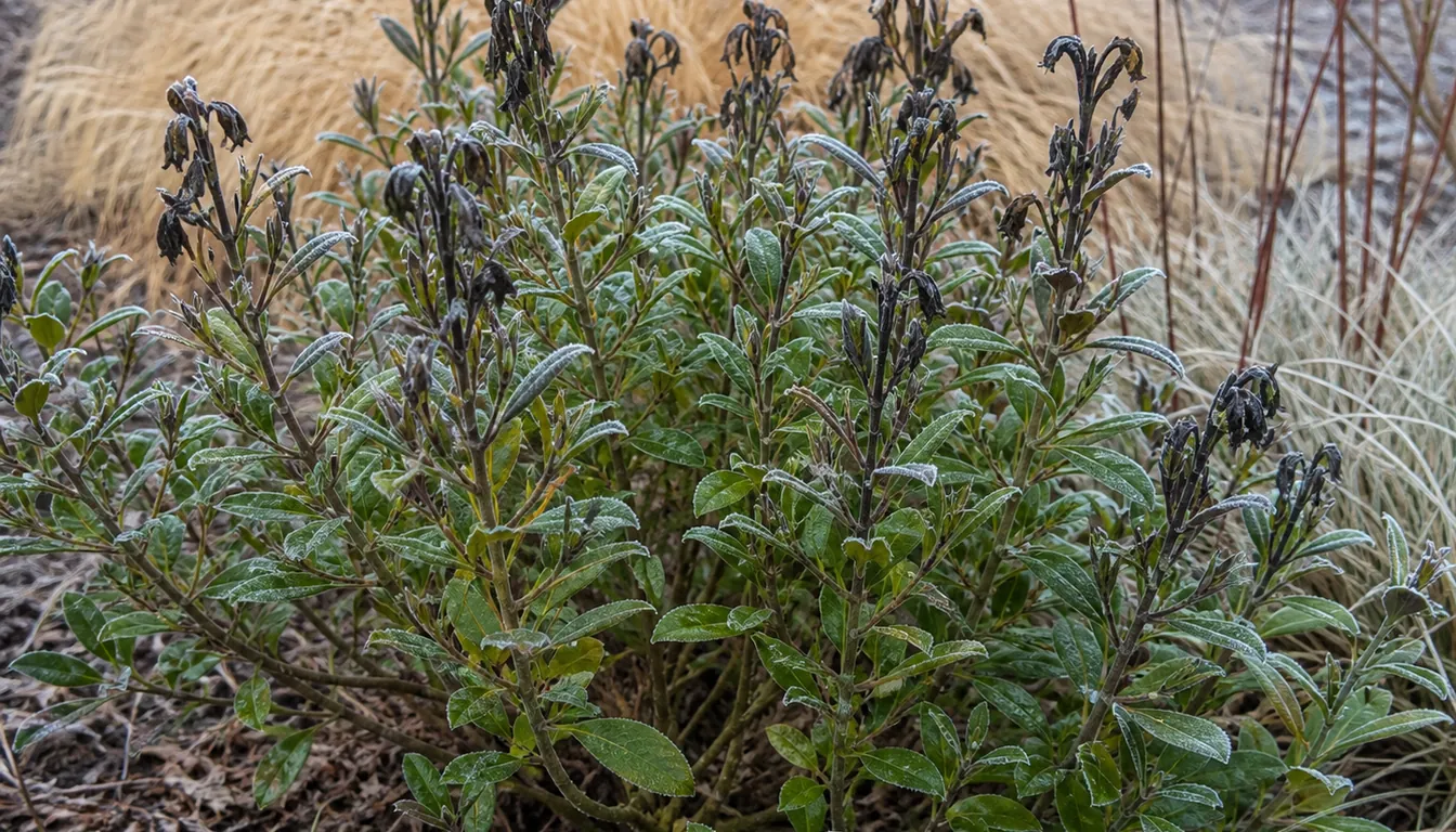 A frosted shrub in early winter with blackened limp shoot tips on the soft new growth at the top while the older woody stems below stay green and firm