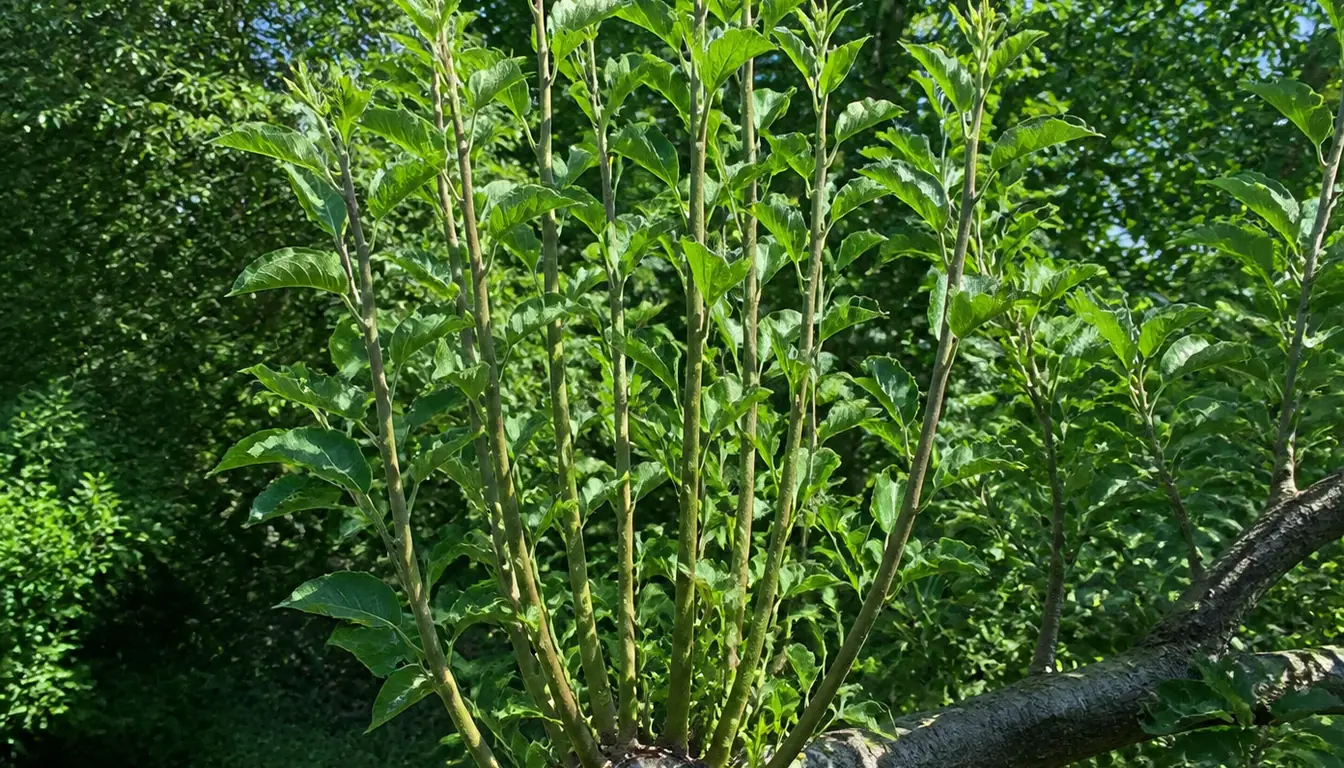 A dense fan of straight vertical shoots erupting in summer from the sawn face of a branch that was cut back hard the previous winter