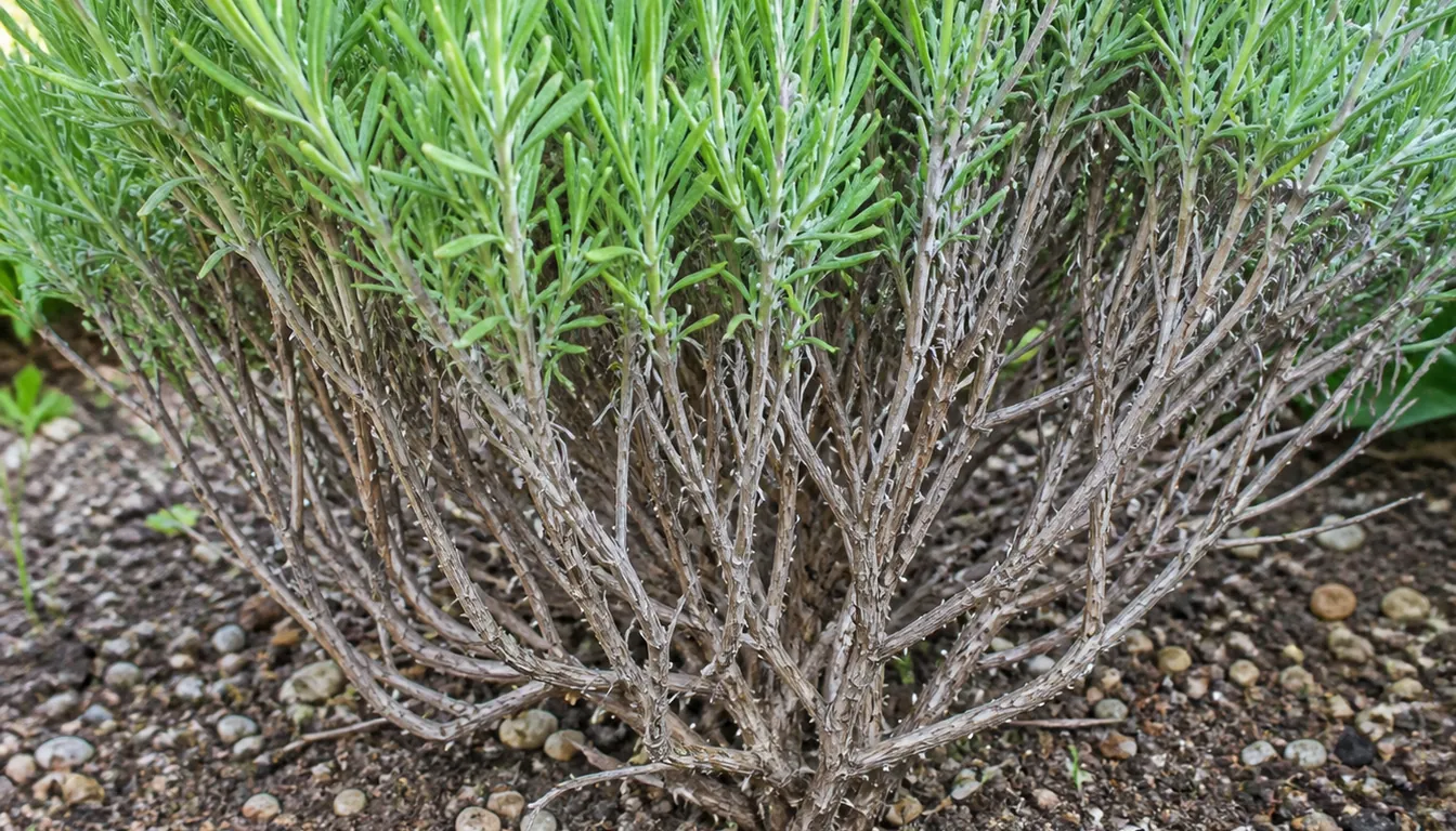 The base of an older lavender plant where the lower stems are bare, gray and leafless and the green leafy growth begins higher up the same stems