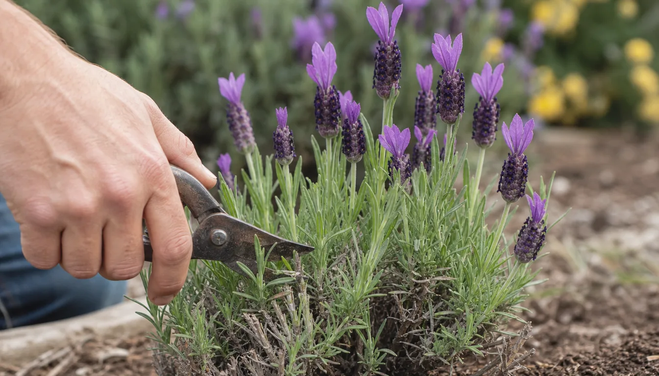 A French lavender plant in flower with its gray-green toothed foliage clearly visible