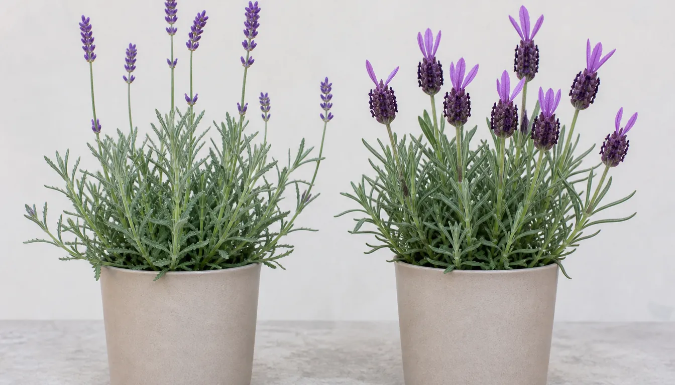 Two lavender plants in identical pots, the left with toothed gray-green leaves and slender flower spikes and the right with plain narrow leaves and squat flower heads topped by long upright bracts