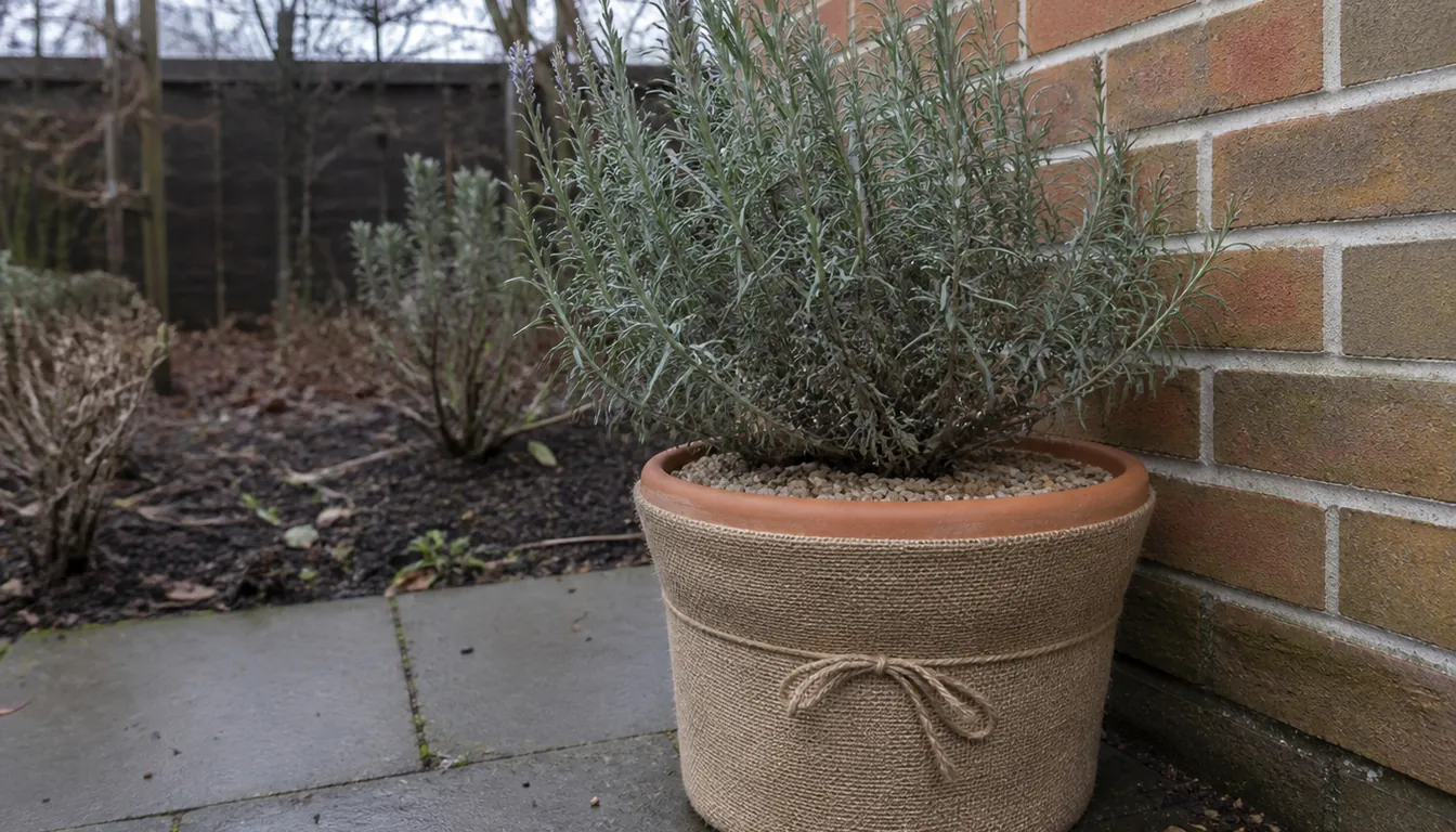 A lavender in a terracotta pot moved against a sheltered brick wall for winter, the pot wrapped in hessian with gravel mulch on the soil and the foliage left open