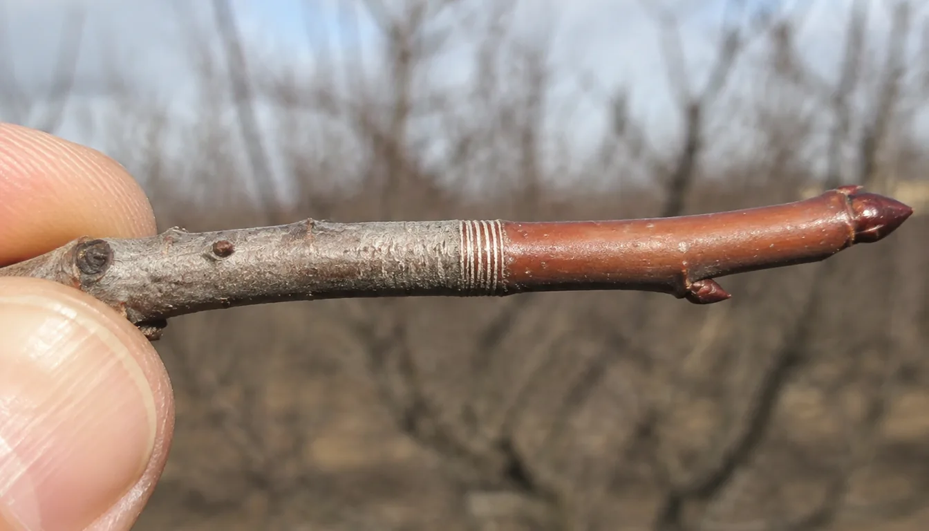 A bare fruit tree shoot held between finger and thumb, a narrow band of fine rings encircling it midway, gray older bark on the inner side and smooth red-brown wood running from the band out to the terminal bud