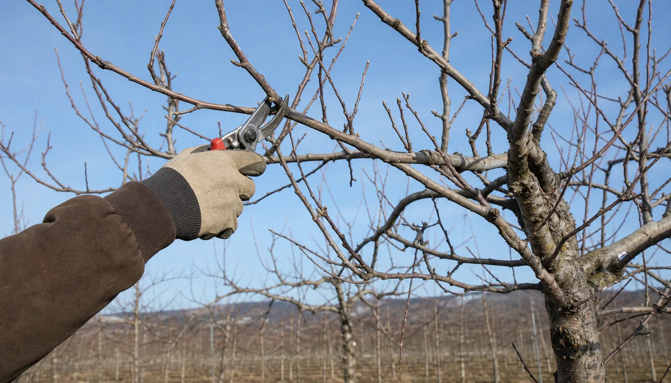 gloved hand pruning a bare apple tree branch in late winter to open the canopy for light