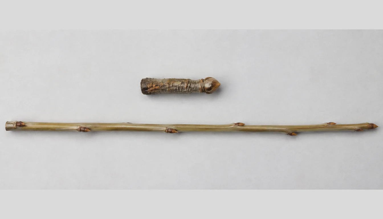 A short stubby wrinkled spur with one fat rounded bud lying above a long straight pencil-thick one-year shoot with small pointed buds along it, both on a plain gray card