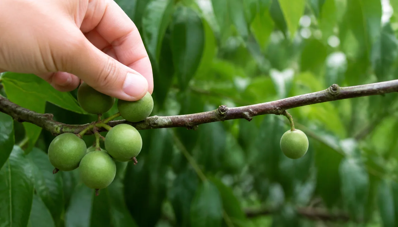A branch in early summer with a hand pinching one fruit from a tight cluster of five small green fruit, and a single fruit hanging alone further along the branch