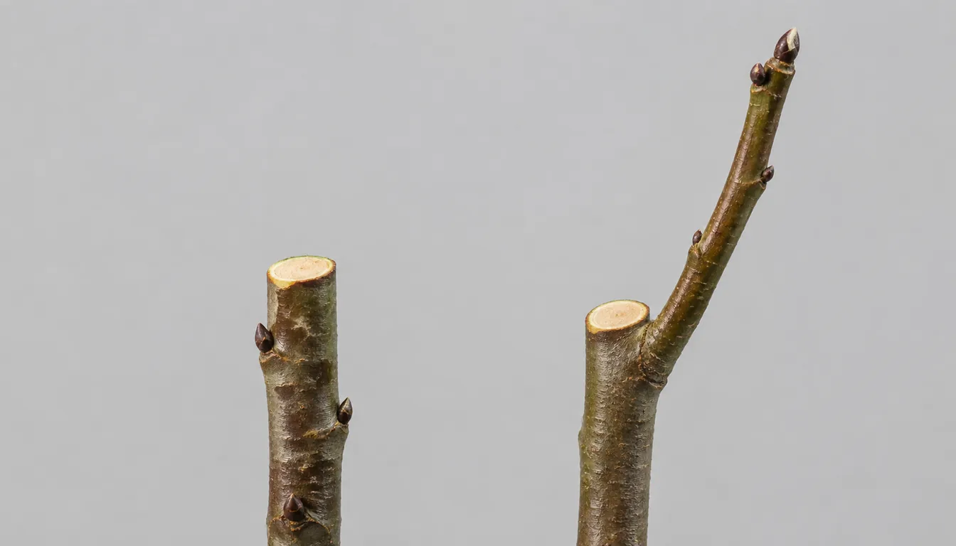 Two bare branches standing side by side, the left ending in a flat cut face with three buds on the bark below it, the right cut off flush at a fork so the side shoot carries the line on with no stub left