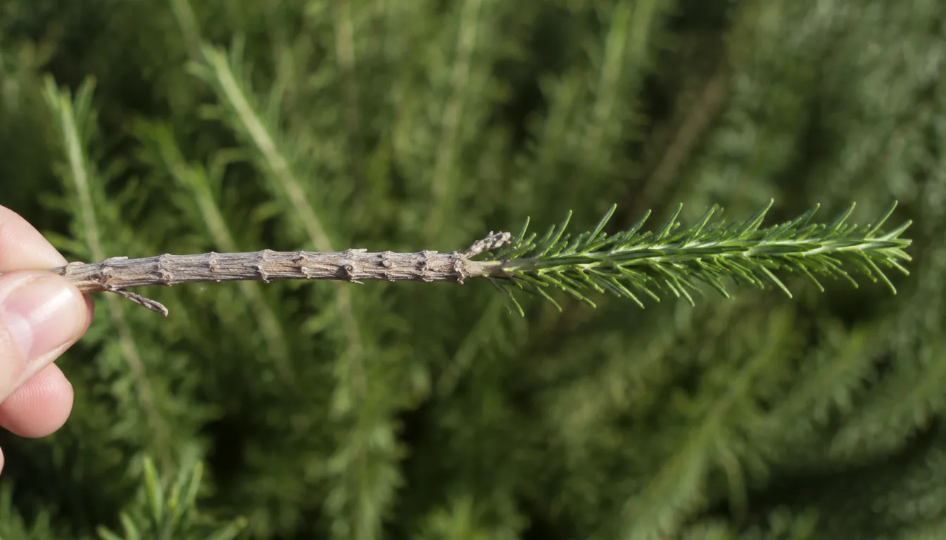 One rosemary stem held out horizontally, the outer half densely clothed in green needle leaves and the inner half bare gray woody bark with no leaves on it at all