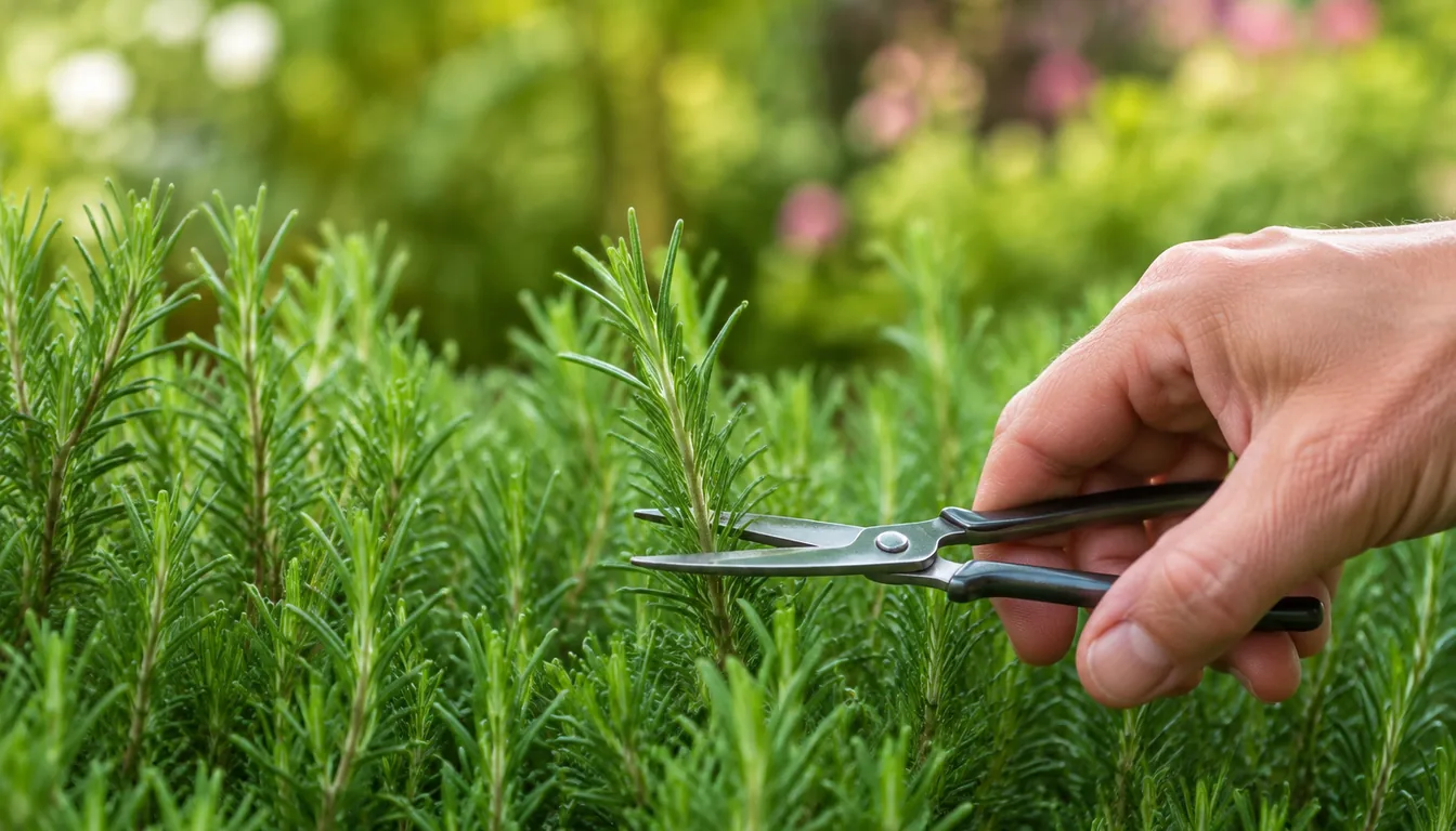 A hand cutting a soft green rosemary shoot a few inches back from its tip with small snips, leaving plenty of needle foliage on the part of the shoot that stays on the dense bush