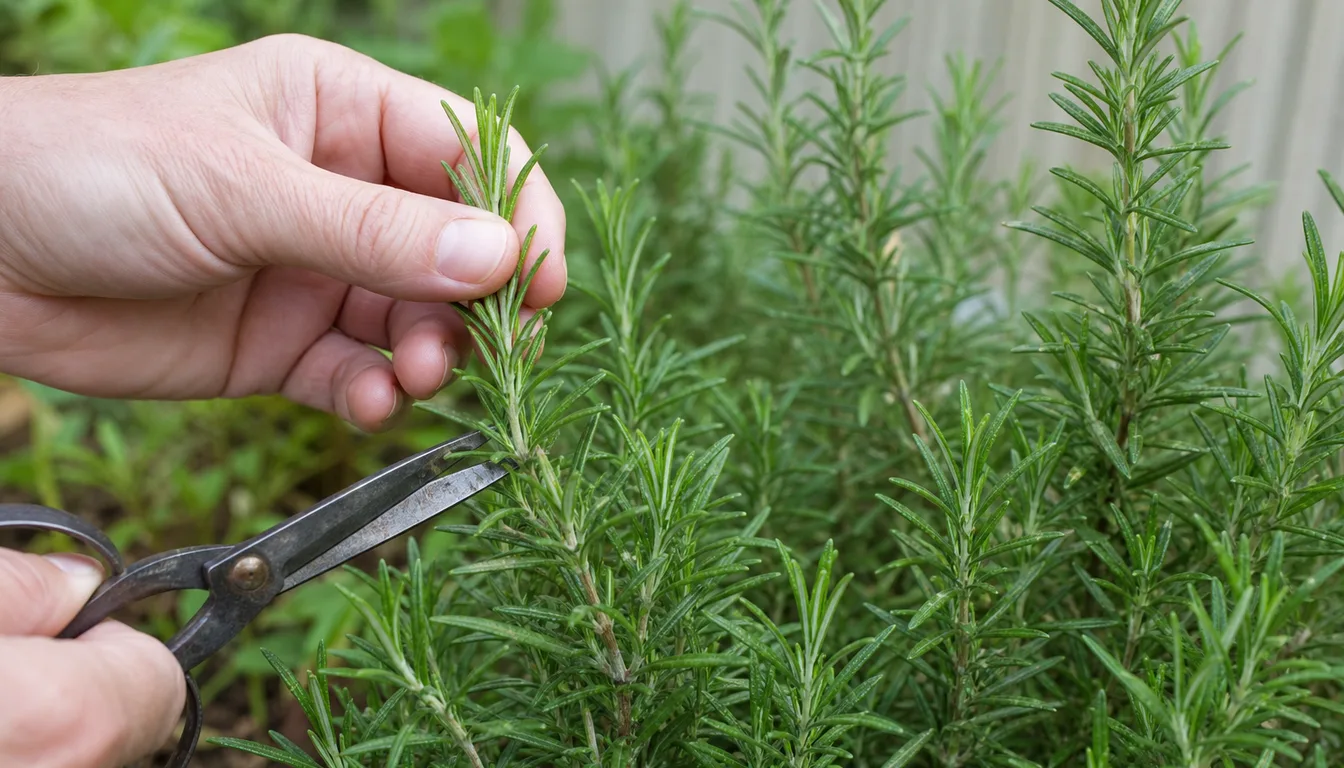 hand snipping a green rosemary sprig from a bushy rosemary shrub for the kitchen