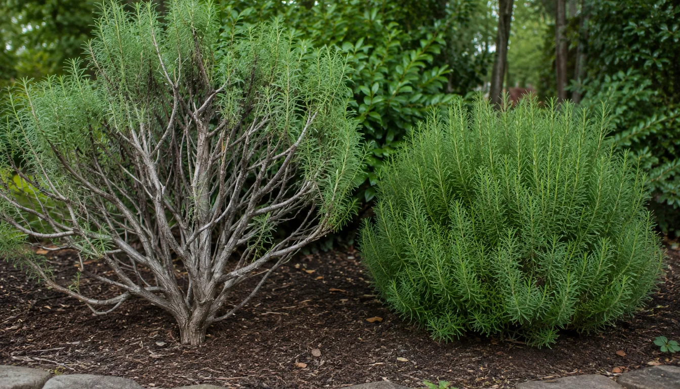 Two rosemary plants side by side in a mulched bed, the left old and open with thick bare gray stems and green only at the branch tips, the right a dense compact green dome with no bare wood showing