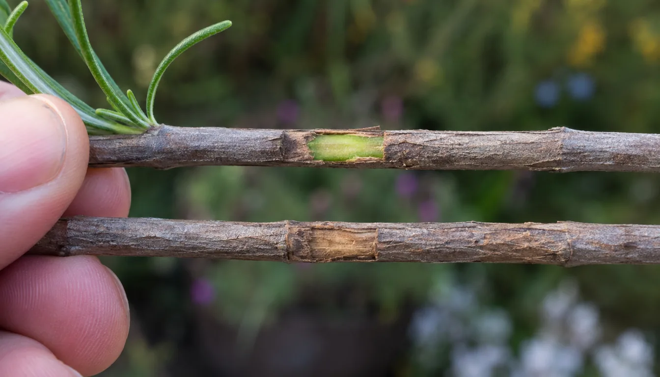 Two woody rosemary stems held side by side, each with a patch of gray bark scraped away, the upper showing bright green tissue underneath and the lower showing dry pale brown with no green in it