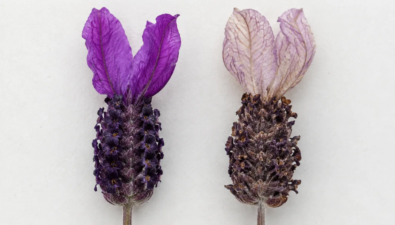 Two Spanish lavender flower heads side by side on a pale background, the left with vivid purple upright bracts above a tight dark spike, the right with the bracts faded to thin pale papery and the spike below gone brown and loosening