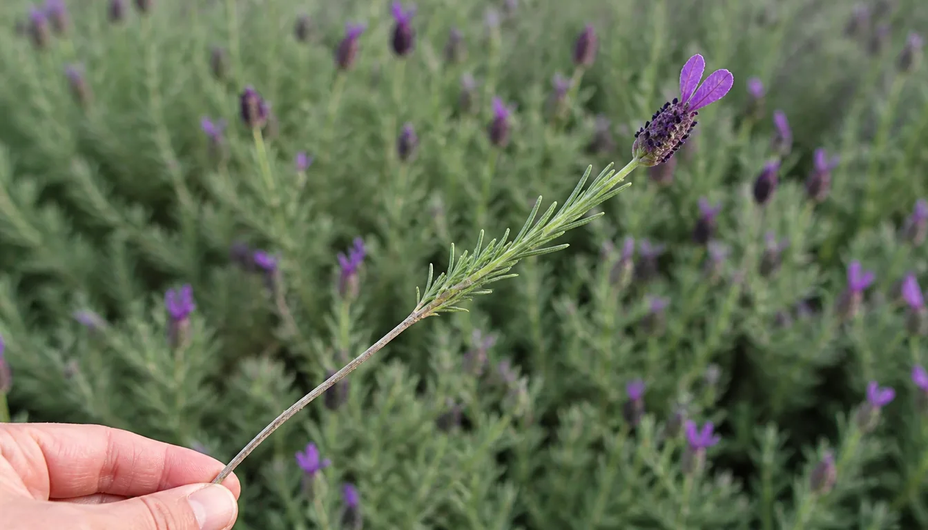 A single Spanish lavender stem held out from the plant, the bracted flower head at the top, a section of narrow gray-green leafy growth below it, and a bare gray woody stem with no leaves at the bottom