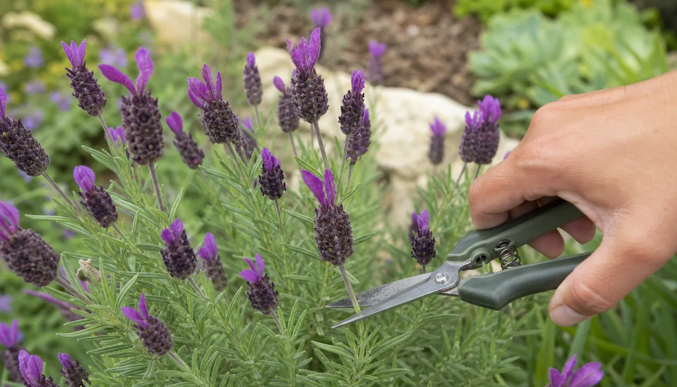 hand shearing spent Spanish lavender pineapple-shaped blooms after the first flush