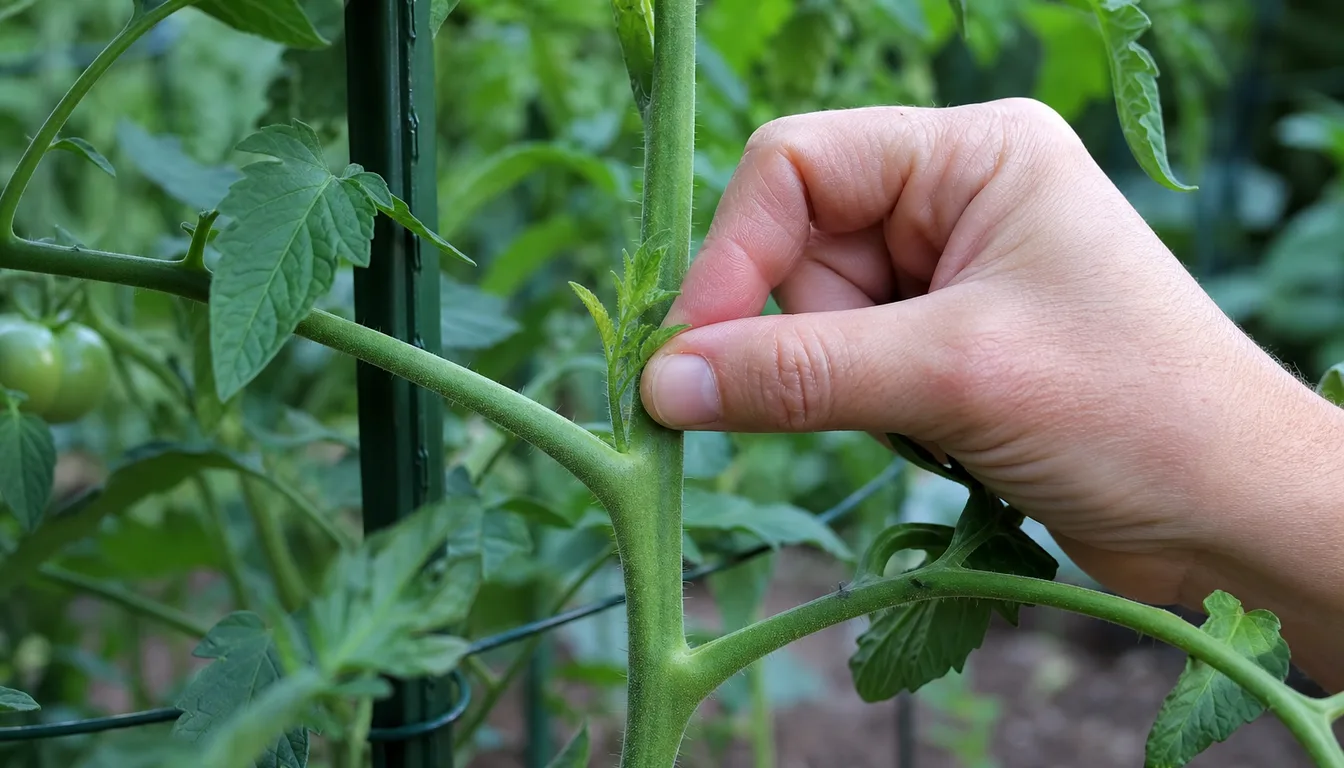fingers pinching a small tomato sucker growing in the V between the main stem and a leaf branch