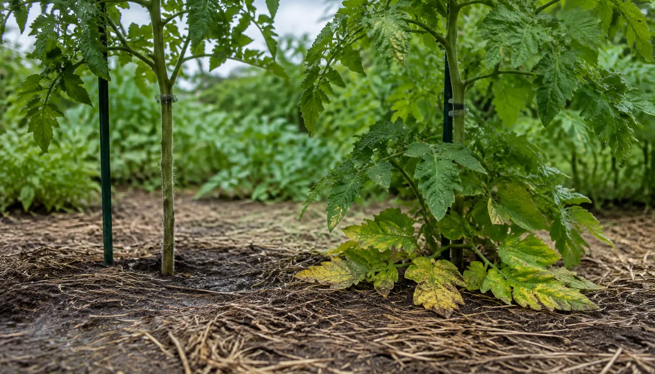 Two staked tomato plants photographed at soil level, the left with a clean bare stem rising from straw mulch and foliage starting well above the ground, the right with yellow-spotted leaves lying flat on the wet soil