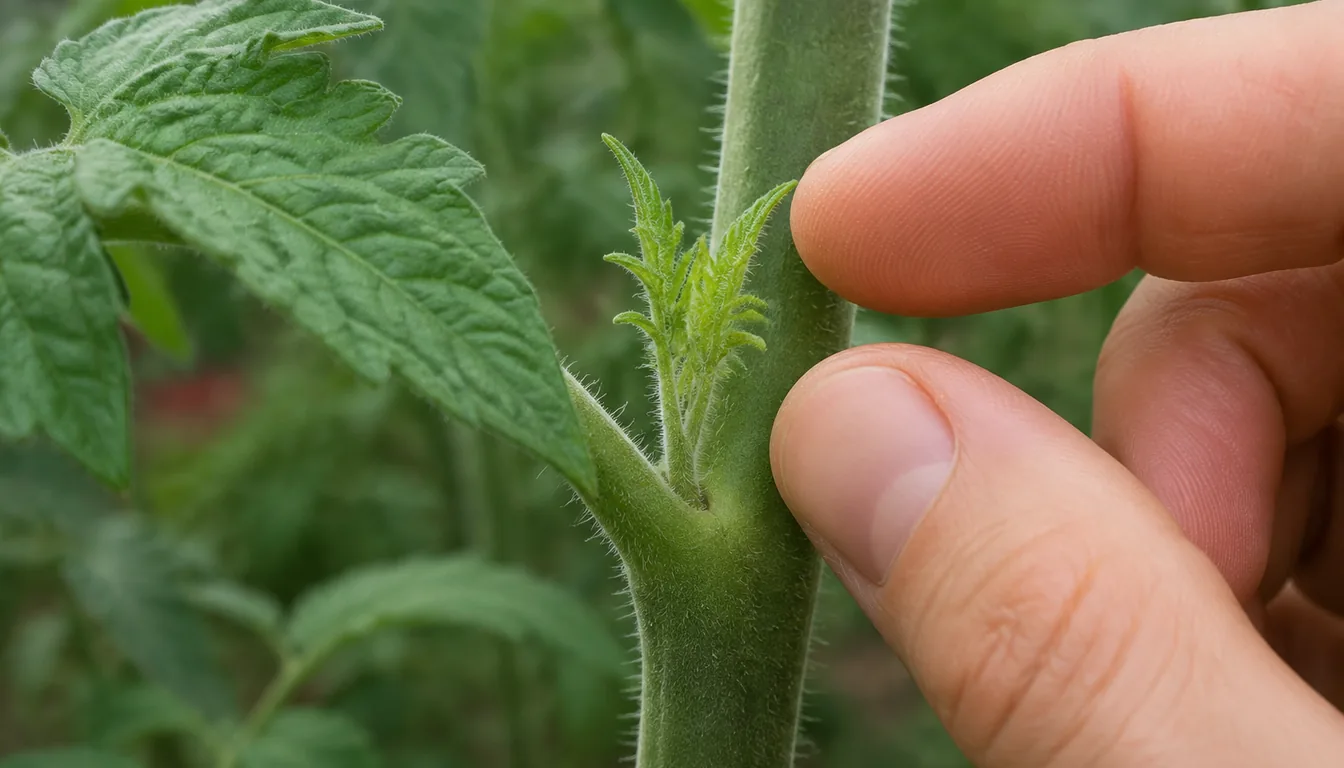 Close view of a fuzzy tomato main stem with a large leaf coming off it, and a small new shoot growing out of the narrow v where the leaf meets the stem, with a thumb and finger reaching in to pinch it