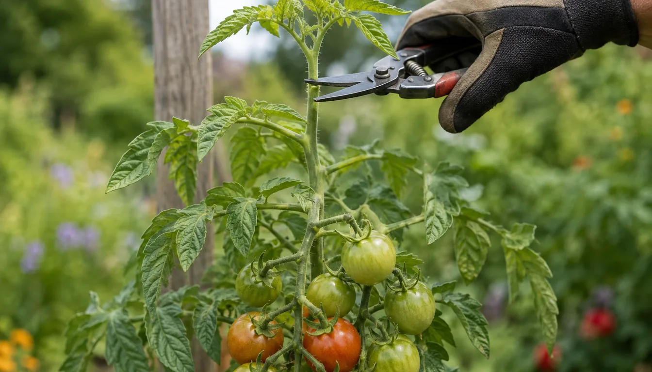 A gloved hand cutting through the soft green growing tip at the top of a staked tomato plant with pruning snips, with trusses of green and ripening fruit hanging below the cut