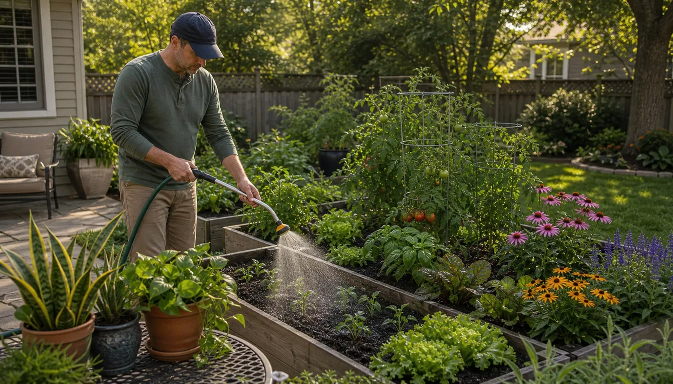 gardener watering raised beds flowers potted plants and lawn edge in morning light