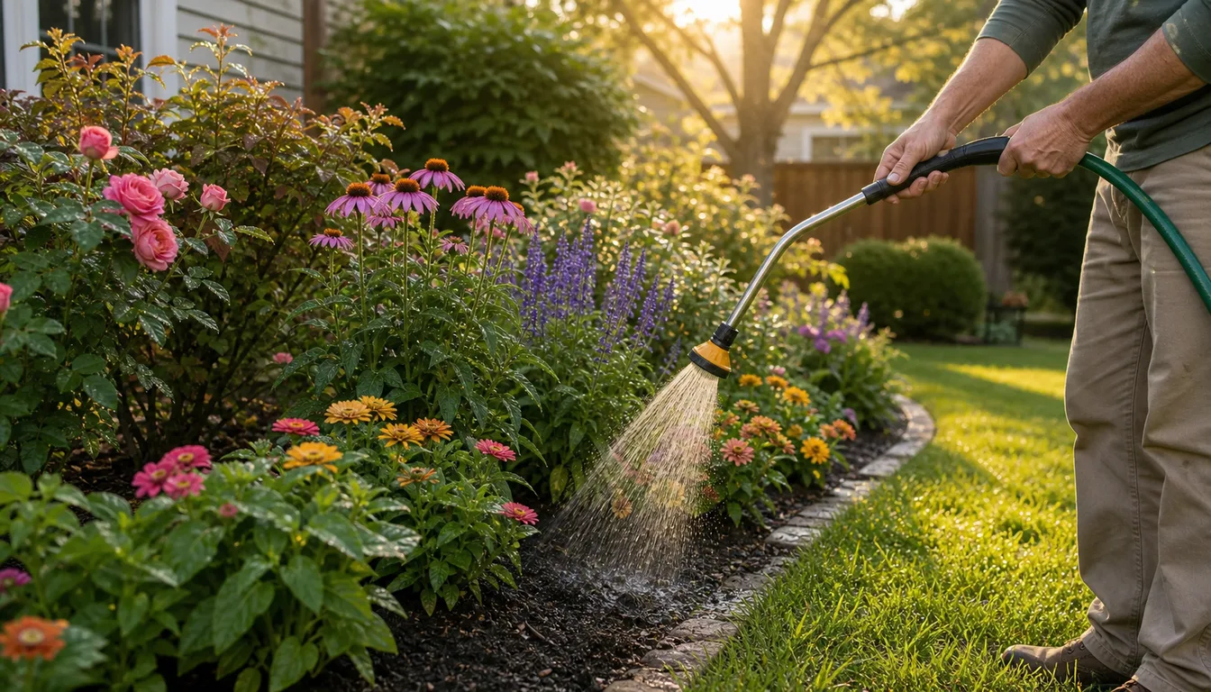 gardener watering mixed flower border at soil level in early morning light