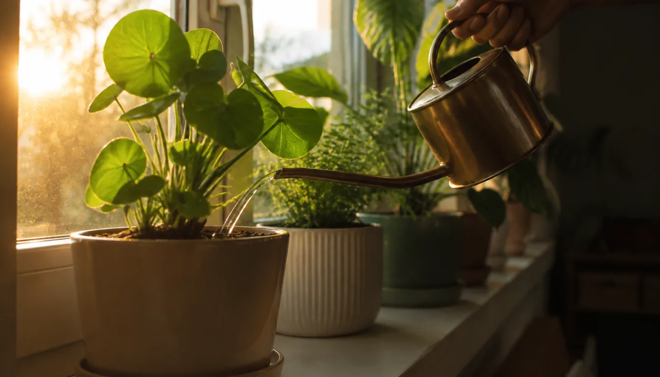 A narrow-spout watering can applying water to potting mix in warm evening light