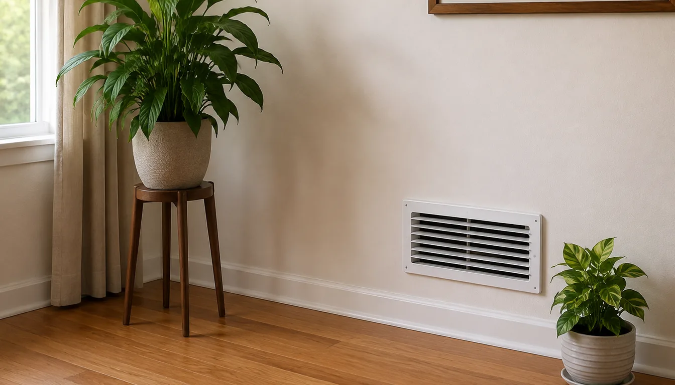 Potted plants near a window and a wall air vent in a furnished room