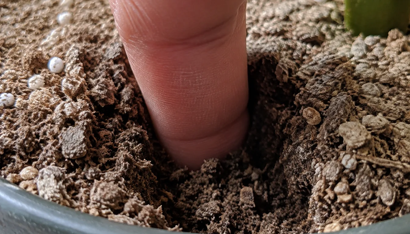 Finger checking the potting mix beneath its lighter surface in a small plant pot