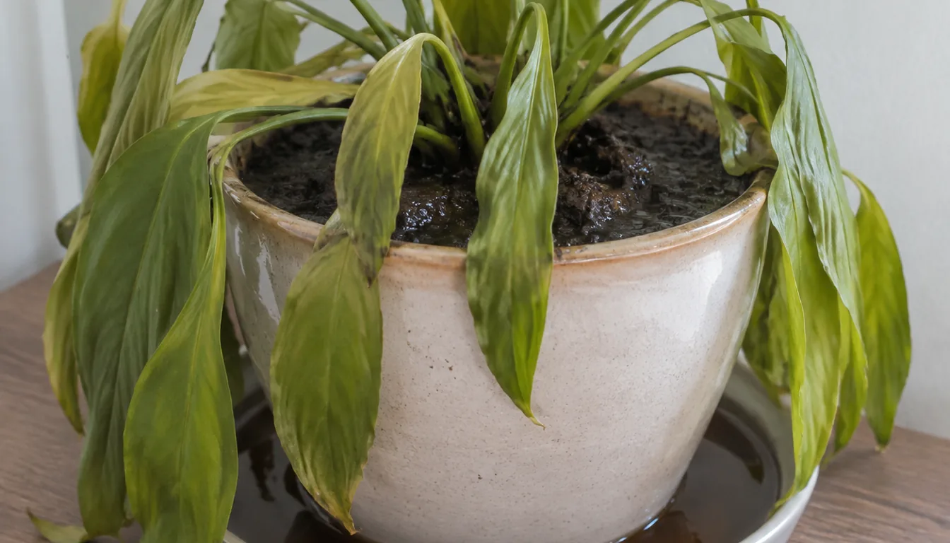 Plant with limp yellow-green leaves above visibly wet potting mix and water in its saucer
