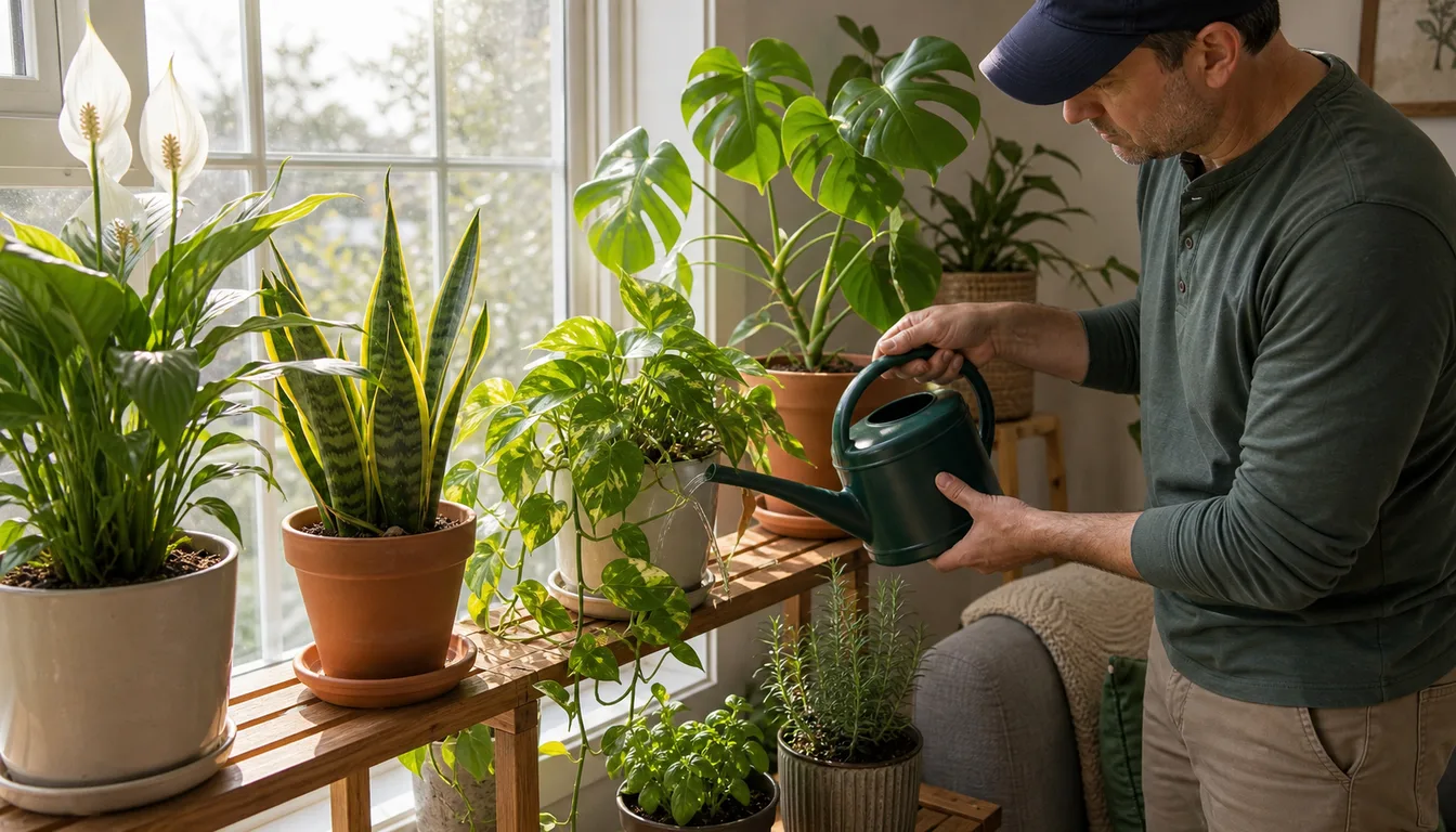 person watering assorted houseplants near a bright window in morning light