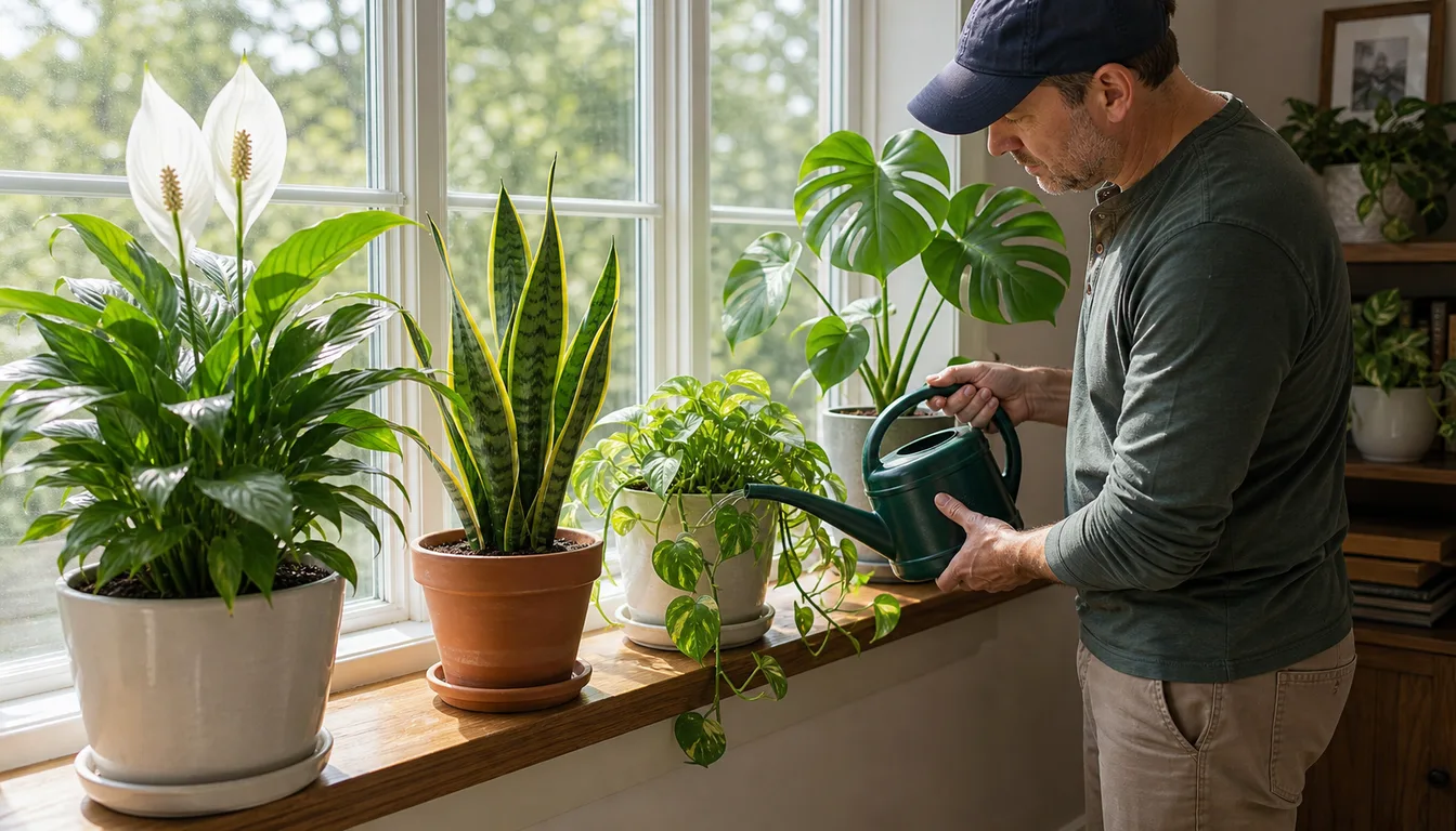 person watering assorted houseplants on a bright windowsill in the morning