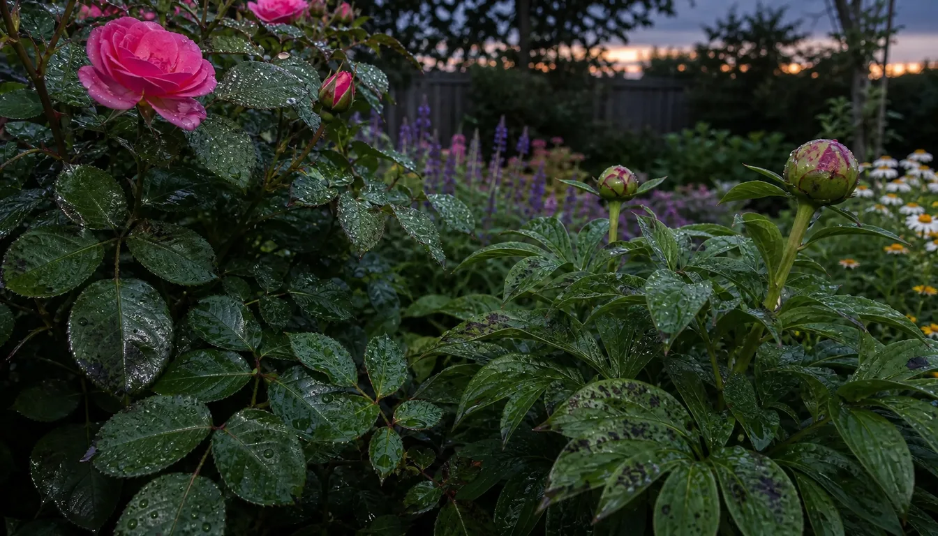 closeup of garden leaves wet in evening light showing disease risk