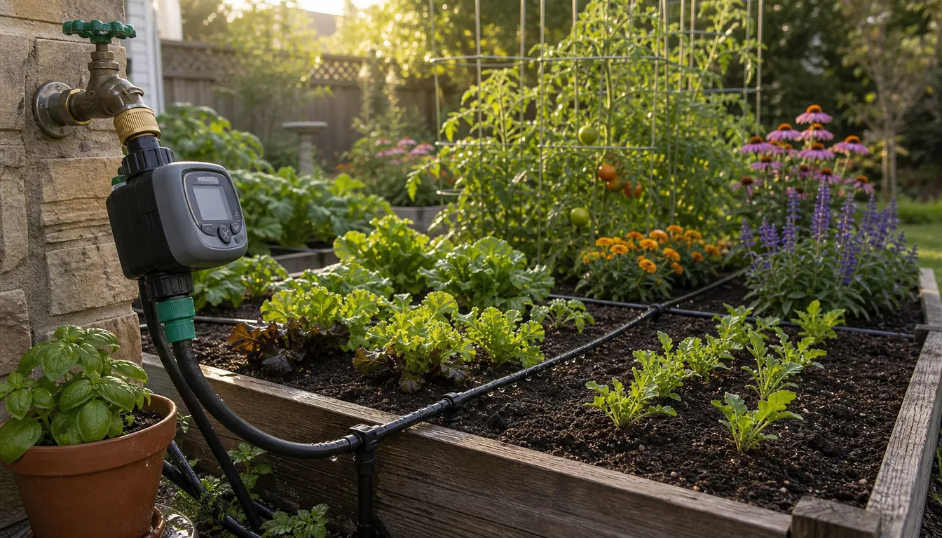 garden drip irrigation system with digital timer on outdoor faucet