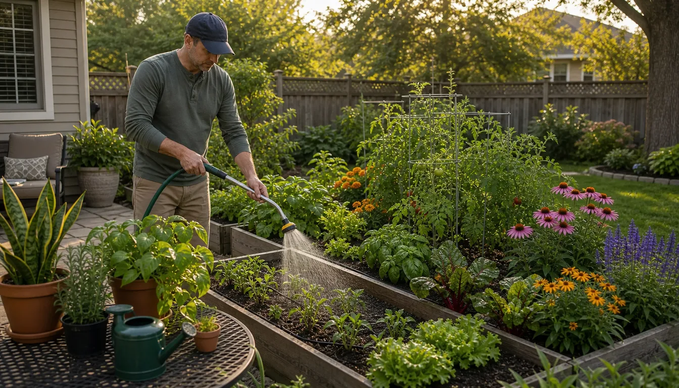 gardener watering raised beds flowers potted plants and lawn edge in morning light