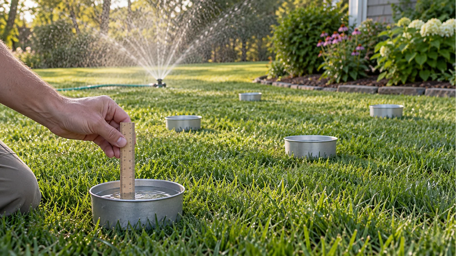 Six shallow straight-sided catch cans spread across a lawn while a gardener measures collected sprinkler water in the nearest can