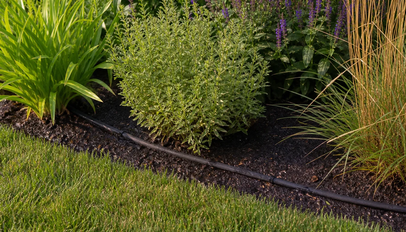 A dripline runs through the mulched root area of an established mixed perennial and shrub border