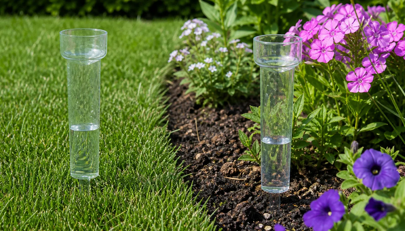 Rain gauges stand in a lawn and flower bed to record water received from weather