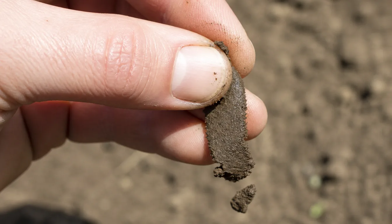 A gardener presses moist soil between a thumb and finger to see whether it forms a cohesive ribbon