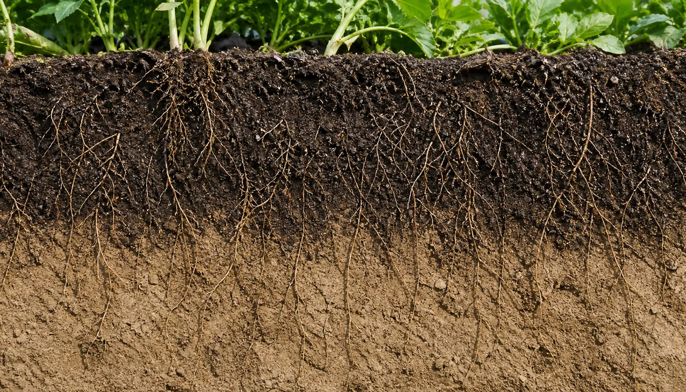 A garden soil profile with many fine roots in the darker upper layer and fewer roots in the pale lower soil