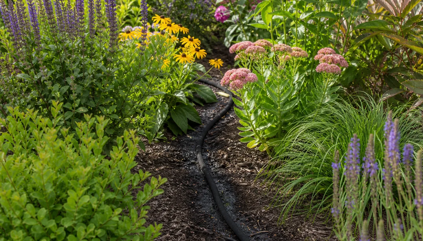 A soaker hose follows a broad curve through the mulched root area of a mixed perennial and shrub border